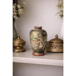 Japan Vintage 1940s Earthenware Moriage Raised Enamel Dragon Vase, 5.25”